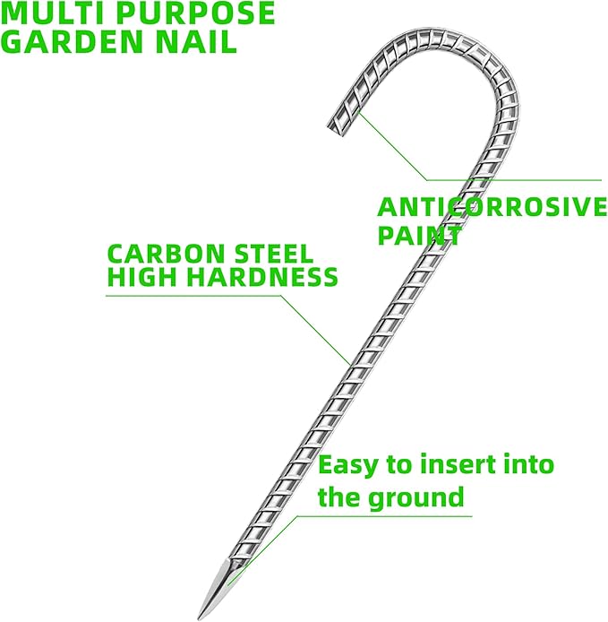 18 Pack Ground Garden Rebar Stakes Rebar 12 Inch Anti-Rust Galvanized Steel J Shape Hook Heavy Duty Ground Anchors for Tents, Position Kits,Fences, and Trampolines Landscape Fabric