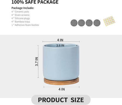 OMAYKEY Succulent Pots, 4 Inch Ceramic Planter Plant Pot with Tray, Drainage Hole & Mesh Pad for Indoor Flowers, Cactus, Herbs, Aloes - Cool Multicolor, Set of 4 (Plant Not Included)