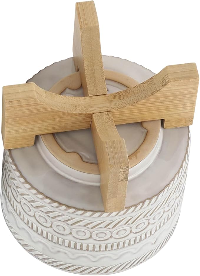 Sagebrook Home Ceramic Planter with Stand - Decorative Stoneware Plant Pot with Bamboo Wood Base - Boho Style Indoor & Outdoor Garden Decor for Home & Office - 8" Ivory & Tan