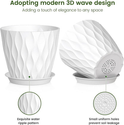 7 inch Plant Pots for Indoor Outdoor Plants, 5 Pack Thick Nursery Pots with Drainage Holes and Saucers, 3D Modern Wave Texture Plastic Planter Pots for Flowers and House Plants, Multicolor