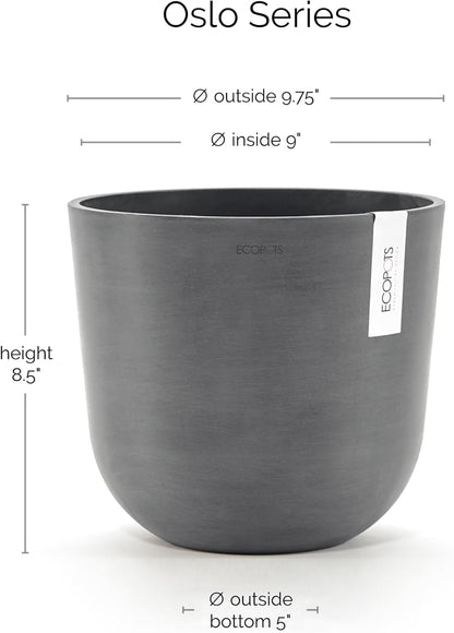 Ecopots Oslo Durable Modern Round Indoor/Outdoor Recycled-Based Composite Flower Pot Planter, Grey, 10"