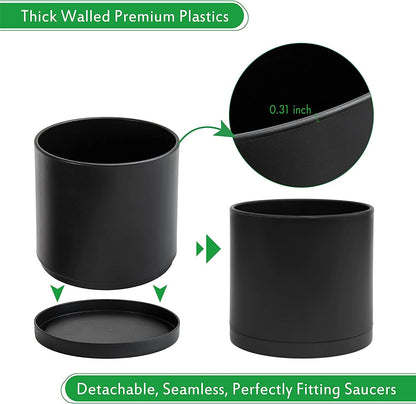 D'vine Dev 10 Inch Plastic Planter Pots for Plant Pot with Drainage Hole and Seamless Saucers, Black Color, 74-X-B-2