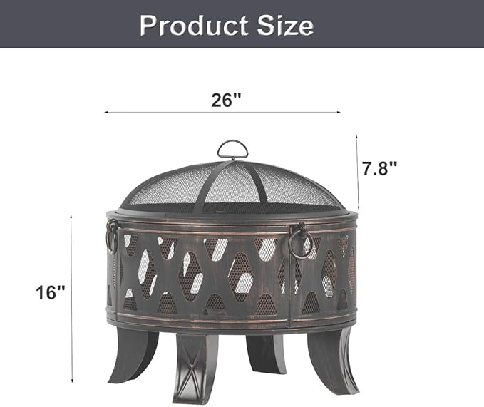 Breezz 26 Inch Wood Burning Fire Pit with Cooking Grill and Spark Screen, Outdoor Metal Round Firepit for Patio, Backyard, Bonfire Party, Camping and Garden