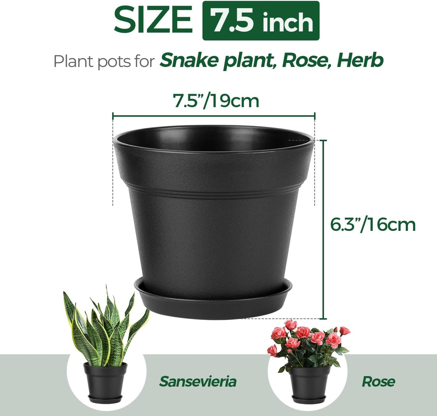 T4U 7.5 Inch Plant Pots 6 Pcs, Flower Pots for Indoor Plants Plastic Pots for Plants with Drainage Holes and Saucer, Planters for Indoor Plants for House Cactus Succulent Black