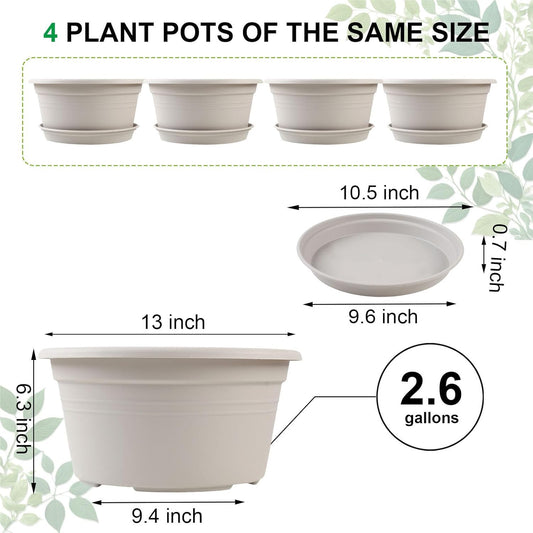 Large 4 Pack 13 inch Plant Pots, Round Plastic Pots for Plants, Outdoor Planters with Drainage Hole & Tray Saucer, Decoration Large Flower Pots for Indoor Outdoor Garden Home Plants (Beige)