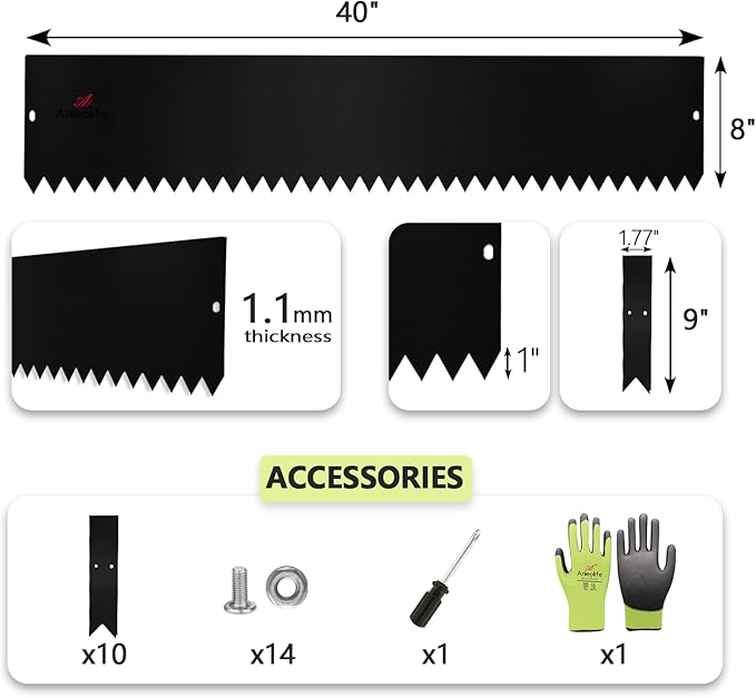 A ANLEOLIFE 6 Pack 40" LX 8" H Galvanized Steel Garden Landscape Edging, Bendable Hammer-in Metal Lawn Border with Gloves and 10 Stakes (20FT Total) (8 inch Tall, Black)