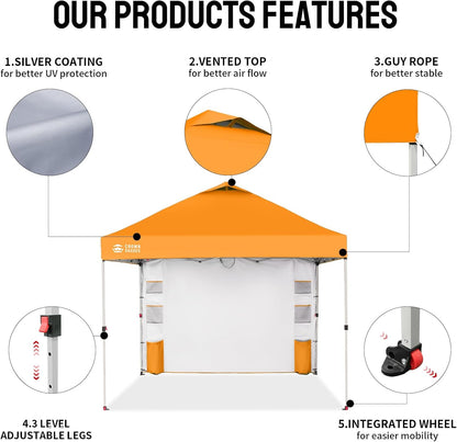 CROWN SHADES Canopy Tent, 10 x 10 Foot Portable Pop Up Outdoor Shelter with Pocket Sidewall, Push Center Lock, UV Protection, and Carry Bag, Orange