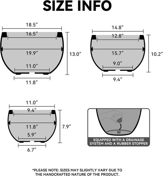 Kante 19.9",15.7",11.8" Dia Round Concrete Planter Set of 3, Outdoor/Indoor Large Bowl Plant Pots with Drainage Hole and Rubber Plug for Garden Patio Balcony Home, Rusty