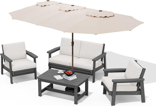 SERWALL HDPE Patio Furniture Set with 15FT Double Side Patio Umbrella, All Weather Wood-Like Outdoor Sofa Sectional Couch, Grey Patio Furniture with Khaki Cushions