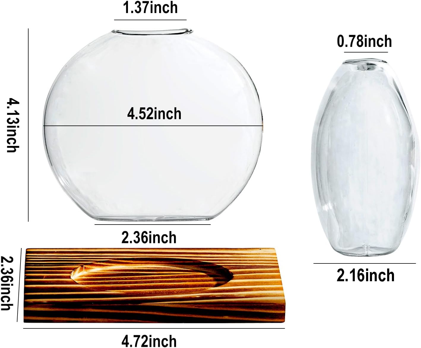 Glass Planter Propagation Station with Wooden Base - Clear Oblate Hydroponic Vase, Decorative Desktop Flower Vase for Home, Office, Windowsill - Gift for Plant Lovers (6)