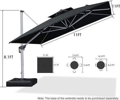 PURPLE LEAF 11 Feet Double Top Deluxe Square Patio Umbrella Offset Hanging Umbrella Outdoor Market Umbrella Garden Umbrella, Black