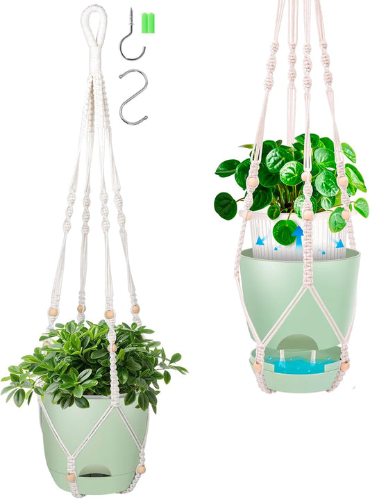 2-Pack 5.7-Inch Self-Watering Hanging Planters for Indoor & Outdoor Plants,34Inch Macrame Hanger Plant Pots Indoor with Drainage,Small Hanging Planters & Baskets,With Two Sets of Hooks（Pure green）