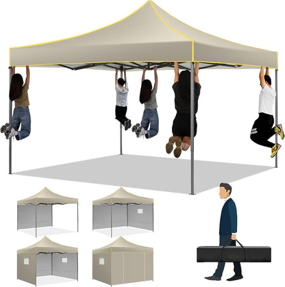 COBIZI 10x10 Heavy Duty Pop up Canopy with 4 Removable Sidewalls, Canopy Tent with Portable Bag, Ez Pop up Tent Commercial Gazebo Waterproof Sunshade for All Weather Party Camp Stall Patio,Khaki