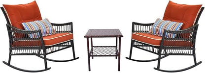 DECMICO Outdoor Rocking Chairs 3 Pieces Patio Conversation Front Porch Furniture, Wicker Rocking Chairs Bistro Set with Coffee Table and Cushions for Garden and Balcony, Orange