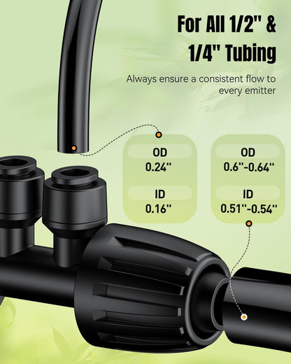 Pawfly 12 Pcs 1/2'' to 1/4'' Drip Irrigation Fittings, 4-Way Barbed Tee Quick Connectors with Anti-Drop Locked Nuts, Push-to-Fit Drip Irrigation Parts for Garden Lawn, Anti-Leak Reducing Tees