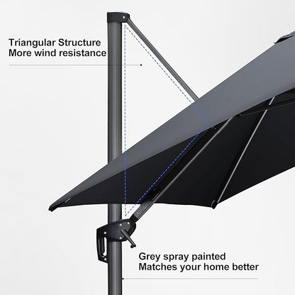 PURPLE LEAF 10 Feet Patio Umbrella Outdoor Cantilever Solar Powered LED Square Umbrella Aluminum Offset Umbrella with 360-degree Rotation for Garden Deck Pool Patio, Grey