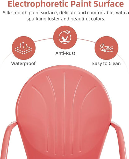 Patio Bistro Set Retro Metal Outdoor Seating Conversation 3 Pieces, 2 C-Spring Motion Armchairs and Round Side Table, for Porch, Lawn, Garden, Pink