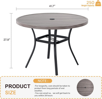 VICLLAX Round Patio Table with Adjustable Umbrella Hole, All Weather Outdoor Round Dining Table for Lawn Garden, 41.2"x 28" Grey Wood-Like Outdoor Coffee Table