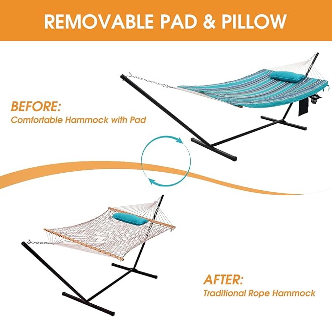 Lazy Daze Hammocks Double Outdoor Hammock with 12 ft Steel Stand, 2 Person Cotton Rope Hammock with Quilted Pad and Detachable Pillow, Spreader Bars, Mag Bag & Cup Holder, Blue Ocean Stripe