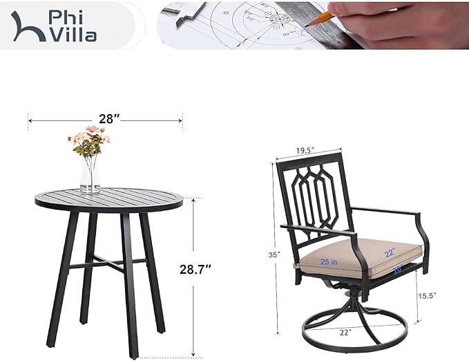 PHI VILLA 3 Piece Outdoor Bistro Set for 2, Metal Steel Round Table & Swivel Wrought Iron Chairs with Cushions, Small Furniture Conversation Set for Patio, Porch, Deck, Balcony
