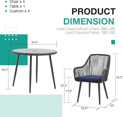 Patiorama 5-Piece Patio Dining Set, Outdoor Dining Table Chair Set, All-Weather Twisted Rattan Wicker Rope Conversation Set, Patio Furniture Set w/Umbrella Hole, 4 Cushioned Chairs&Glass Table(Blue)