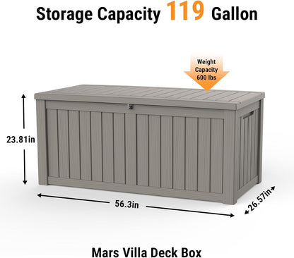 Mars Villa 119 Gallon Outdoor Storage Box Waterproof, Large Resin Deck Box for Pool Supplies Storage, Outdoor Patio Furniture Cushions, with Hydraulic Hinge, UV-Resistant and Weatherproof, Greige