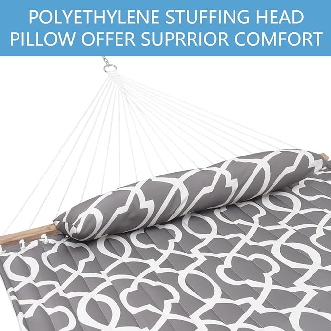 Lazy Daze Hammocks 12FT Quilted Fabric Hammock with Soft Pillow, Double 2 Person Tree Hammock with Spreader Bar for Outdoor Outside Patio Garden Yard, 450lbs Weight Capacity