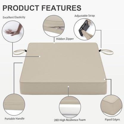 Favoyard Patio Chair Cushions 22 x 22 x 3 Inch Waterproof Outdoor Seat Cushions for Patio Furniture 3-Year Color Fastness Garden Sofa Couch Chair Pads with Handle & Adjustable Straps Set of 2, Beige