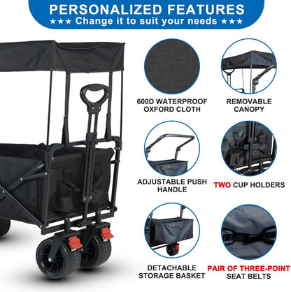 SKYMANOR Collapsible Wagon with Removable Canopy, 3-in-1 Heavy Duty Garden Cart with Big All-Terrain Wheels, Brakes, Adjustable Push Pull Handle, Cooler Bag, 300LBS Wagon Cart for Camping (Black)