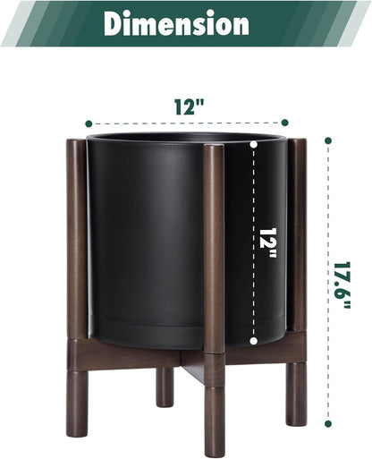 D'vine Dev Planter Pot with Stand - 12 Inch Plastic Cylinder Flower Pot with Wood Planter Holder for Indoor, Matte Black Pot + Walnut Color Stand, 55-C-O-2