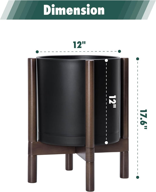 D'vine Dev Planter Pot with Stand - 12 Inch Plastic Cylinder Flower Pot with Wood Planter Holder for Indoor, Matte Black Pot + Walnut Color Stand, 55-C-O-2
