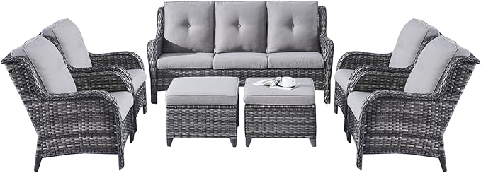 Rilyson Wicker Patio Furniture Set - 7 Piece Rattan Outdoor Sectional Conversation Sets with 1 Sofa,4 Armrest Chairs and 2 Ottomans for Porch Deck Garden(Mixed Grey/Grey)