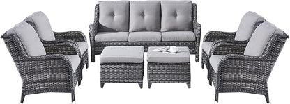 Rilyson Wicker Patio Furniture Set - 7 Piece Rattan Outdoor Sectional Conversation Sets with 1 Sofa,4 Armrest Chairs and 2 Ottomans for Porch Deck Garden(Mixed Grey/Grey)