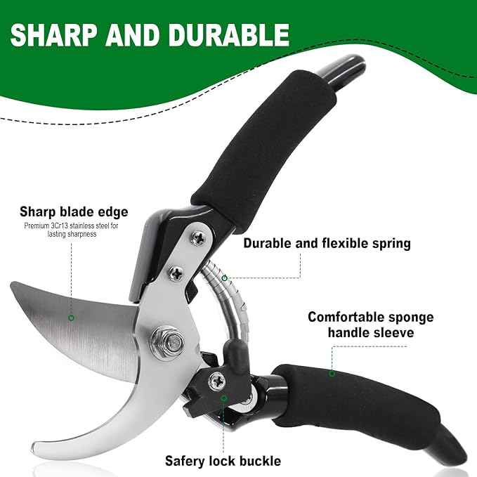 Bypass Pruning Shears Garden Clippers, Gardening Scissors with Sharp, Rust Resistant Steel Blade