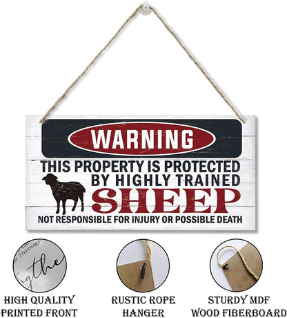 Funny Warning Signs, The Property is Protected By Highly Trained Sheep Sign, Decorative Wood Hanging Wood Plaque, Sheep Wall Decor, Farm Fence Decor, Home Garden Decor for Indoor Outdoor Use