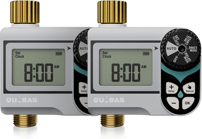 [2 Pack] QUOBAS Low Pressure Water Timer for Garden Hose, Automatic Sprinkler Timer with Brass Inlet & Outlet, Rain Delay/Manual Watering/Automatic Watering System for Yard, Lawn, and Rain Barrel