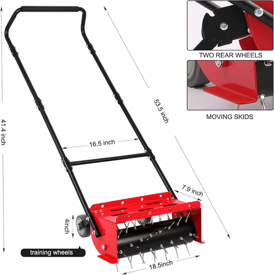 18.5 inch Push Spike Aerator, Lawn Aerator Tool with Side skids,Aerator with Two Height Adjustable Wheel,Rolling Aerator Suitable for Lawn, Garden and Yard