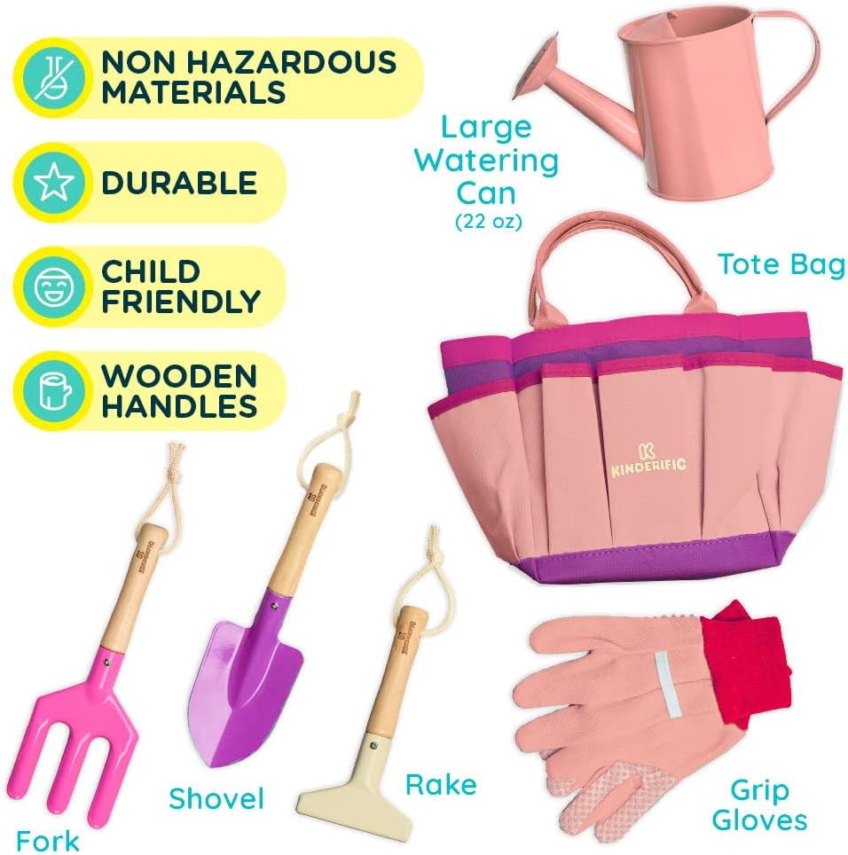 Gardening Set, Tool Kit, for Kids, STEM, Includes Tote Bag, Spade, Watering Can, Rake, Fork, Trowel and Gloves (Princess Pink)