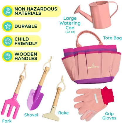 Gardening Set, Tool Kit, for Kids, STEM, Includes Tote Bag, Spade, Watering Can, Rake, Fork, Trowel and Gloves (Princess Pink)