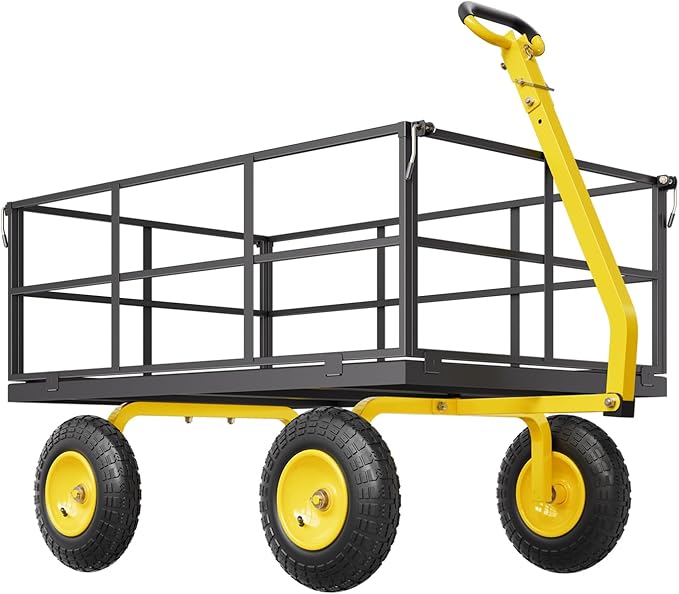 VEVOR 1400 Lbs Steel Garden Cart, Heavy Duty Pullable Garden Wagon Yard Cart, 2 in 1 Outdoor Metal Utility Wagon Yard Trailer with 13" All Terrain Tires, Mesh Removable Sides and 180°Rotating Handle