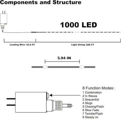 WATERGLIDE Extra Long 328 FT Fairy String Lights, 1000 LED Outdoor Green Wire Christmas Lights, Plug in Mini Light 8 Modes & Waterproof for Outside Xmas Tree Holiday Wedding Party Decor, Multicolor