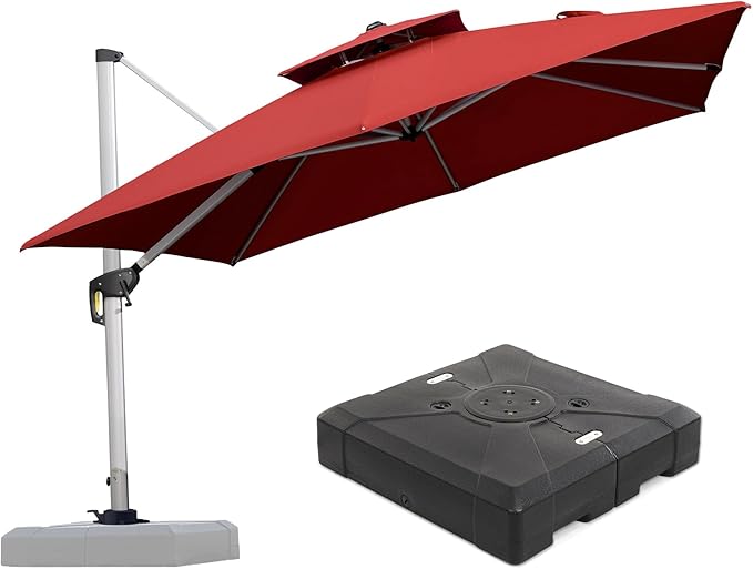 PURPLE LEAF 10 FT Cantilever Patio Umbrellas with Base Included, Large Square Offset Umbrella with 360° Rotation, Outdoor Aluminum Pool Umbrella for Pool Lawn Garden, Brick Red