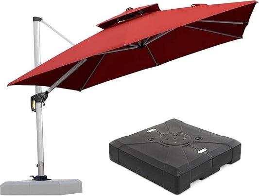 PURPLE LEAF 10 FT Cantilever Patio Umbrellas with Base Included, Large Square Offset Umbrella with 360° Rotation, Outdoor Aluminum Pool Umbrella for Pool Lawn Garden, Brick Red