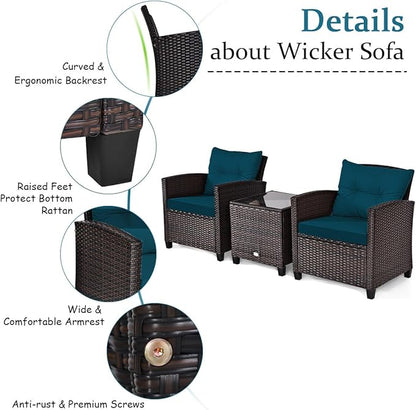 RELAX4LIFE 3 Piece Patio Furniture Set, Wicker Bistro Conversation Set w/2 Cushioned Armchairs & Glass Topped Table, Outdoor Rattan Sofa Set Patio Furniture for Porch Balcony Poolside (Peacock Blue)