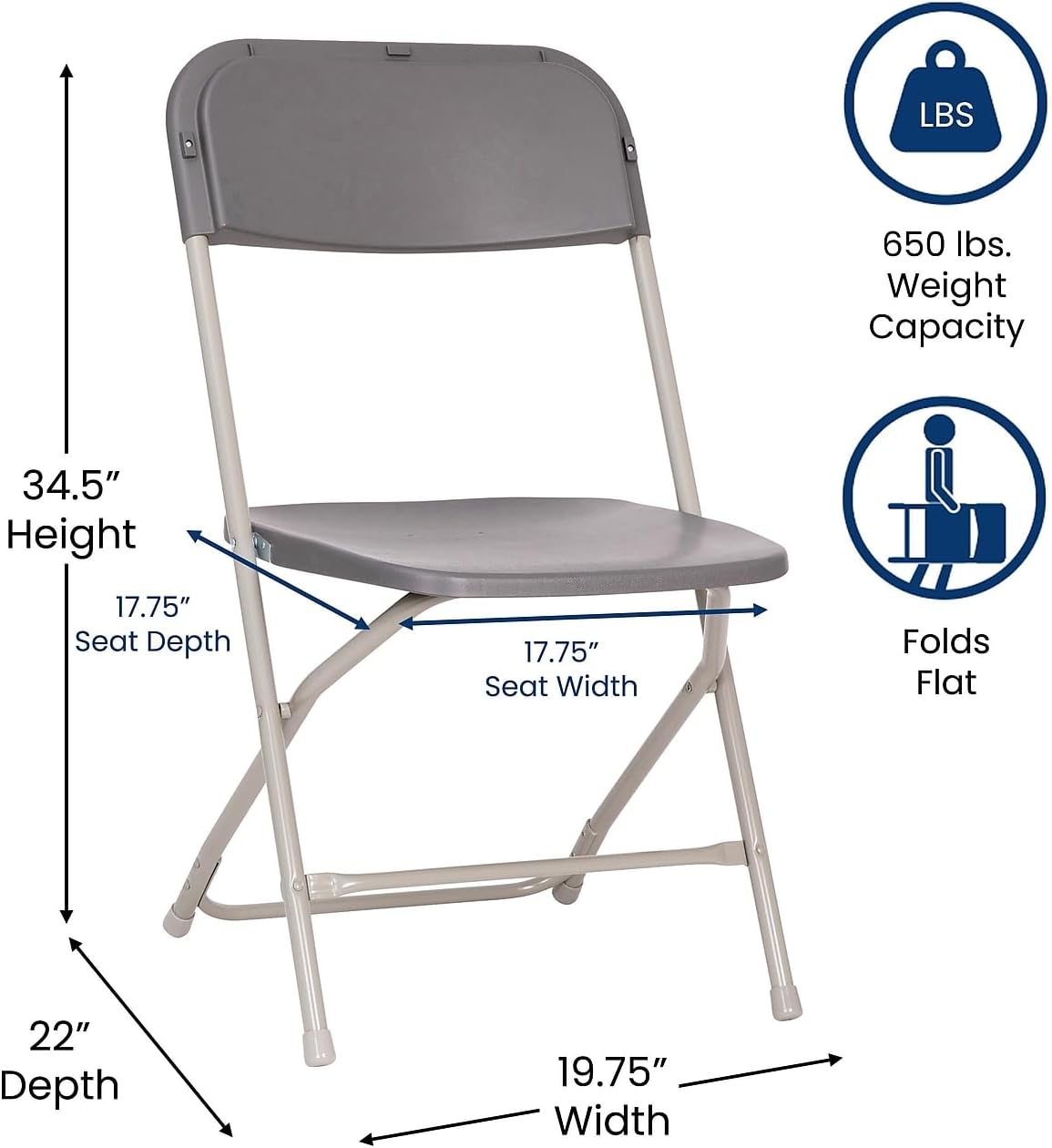 Flash Furniture Hercules Big and Tall Commercial Folding Chair - Extra Wide 650LB. Capacity - Durable Plastic - Gray, 4-Pack