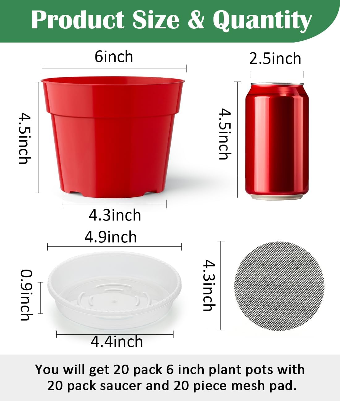 20 Pack 6 Inch Plant Pots, Thickened Plastic Flower Pots with 20 Pcs Water Collecting Trays, 20 Soil Block Mesh Pads, Red