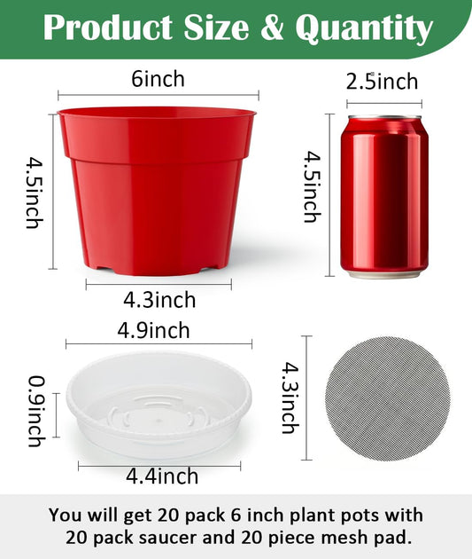 20 Pack 6 Inch Plant Pots, Thickened Plastic Flower Pots with 20 Pcs Water Collecting Trays, 20 Soil Block Mesh Pads, Red