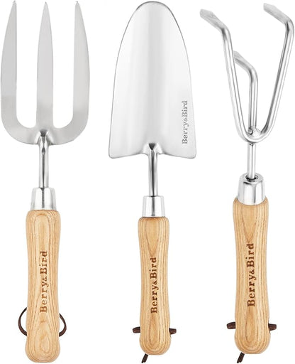 Berry&Bird Garden Tool Set 3 Pieces Stainless Steel Heavy Duty Gardening Kit Includes Hand Trowel, Hand Cultivator and Hand Fork with Wood Handle for Weeding Transplanting Digging, Ideal Garden Gifts