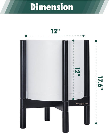 D'vine Dev Planter Pot with Stand - 12 Inch Plastic Cylinder Flower Pot with Wood Planter Holder for Indoor, Matte White Pot + Ebony Stand, 55-C-Q-1