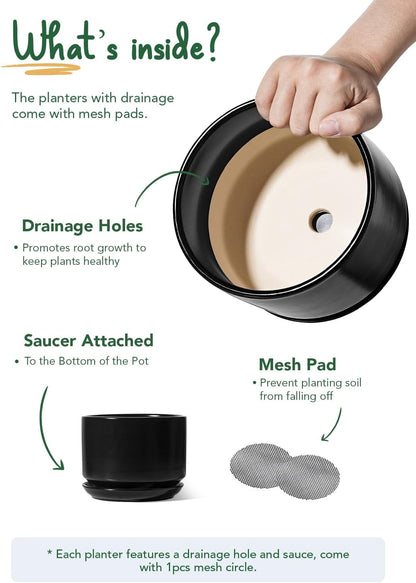 LE TAUCI Ceramic Plant Pots, 4.3+5.3+6.8 inch, Set of 3, Planters with Drainage Hole and Saucer, Indoor Flower Pot with Hole Mesh Pad, Gifts for Mom, Black